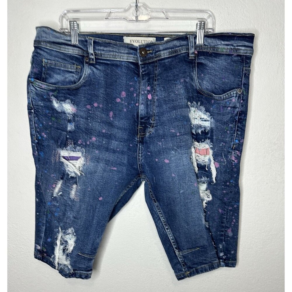 Evolution In Design Men’s Distressed Paint Splatter Jean Shorts Size 40